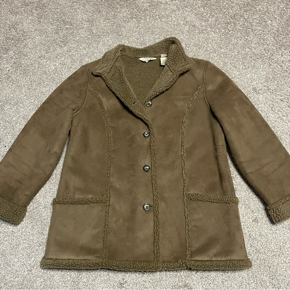 Women’s LL Bean Faux Suede Sherpa Lined Coat Size L Petite